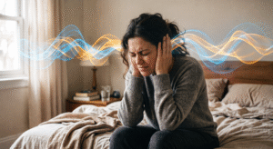 Femme assise sur son lit, les mains sur les oreilles, gênée par des acouphènes