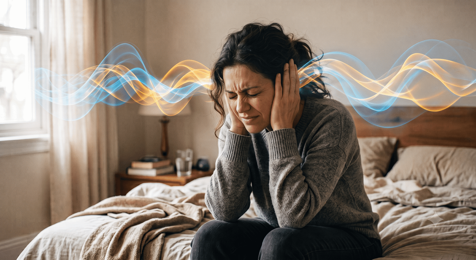 Femme assise sur son lit, les mains sur les oreilles, gênée par des acouphènes